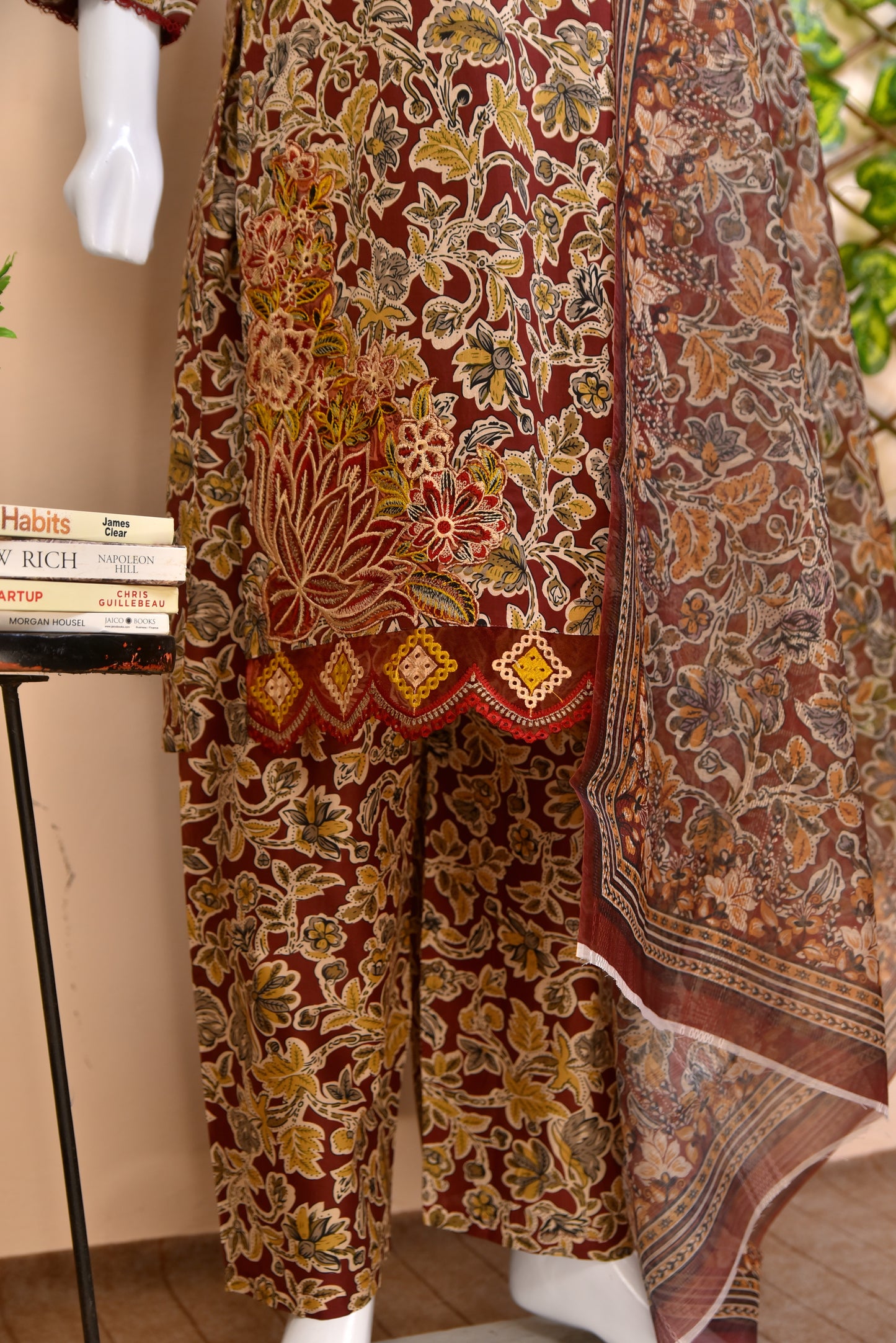 Earthy Floral Cotton 3PC with Intricate Neckline Embroidery