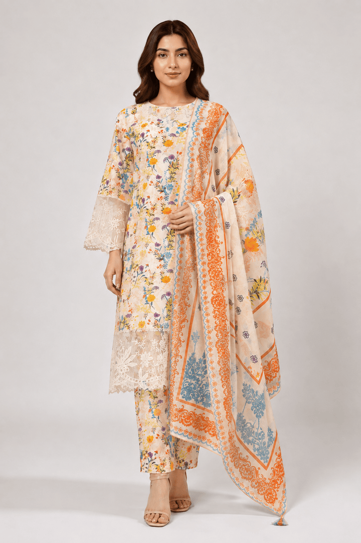 Ivory Multicolour Floral Printed 3-Piece Stitched Suit for Women
