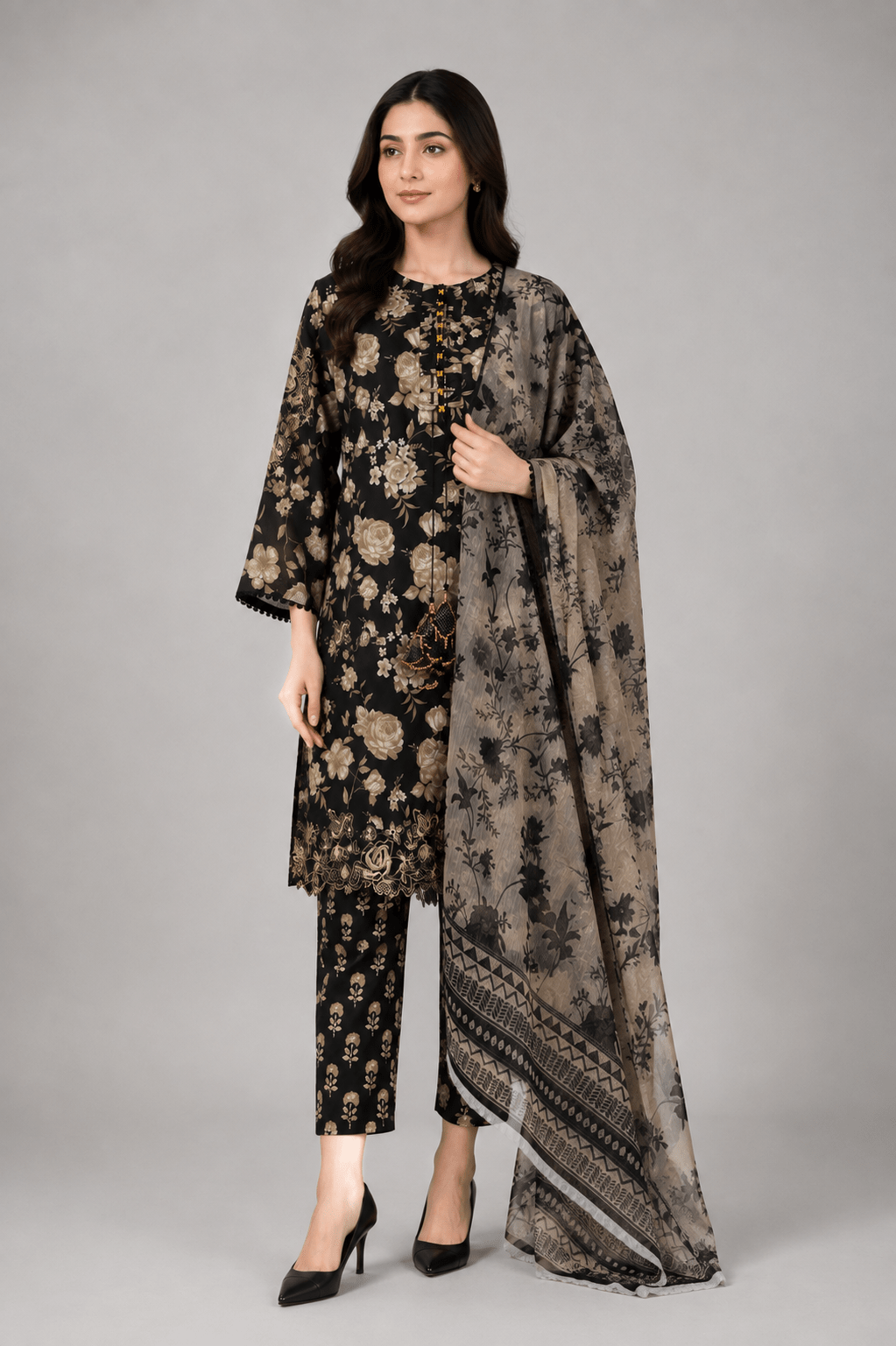 Black Floral Printed 3-Piece Lawn Suit for Women