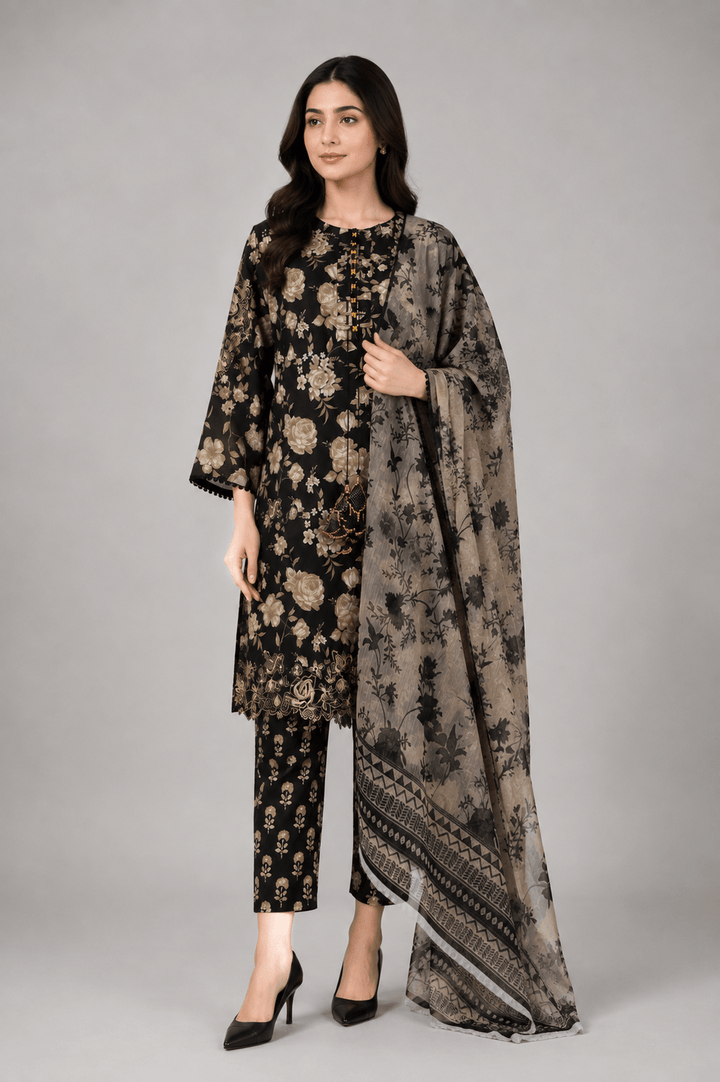 Black Floral Printed 3-Piece Lawn Suit for Women