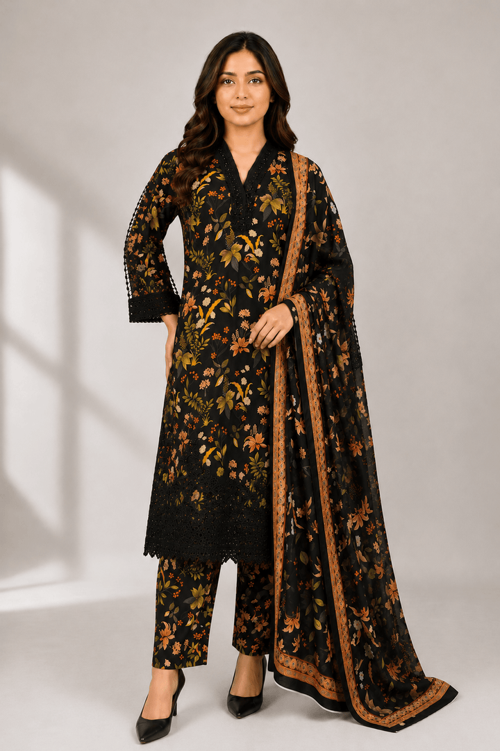 Black Digital Floral Print 3-Piece Stitched Suit for Women
