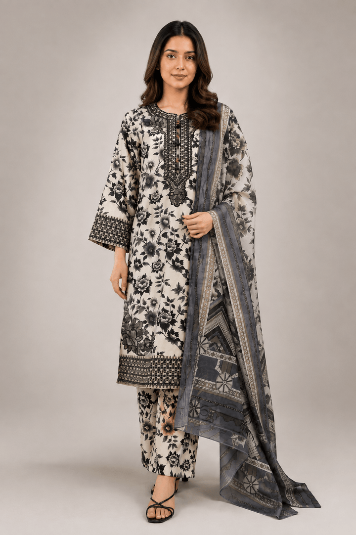 monochrome floral stitched suit