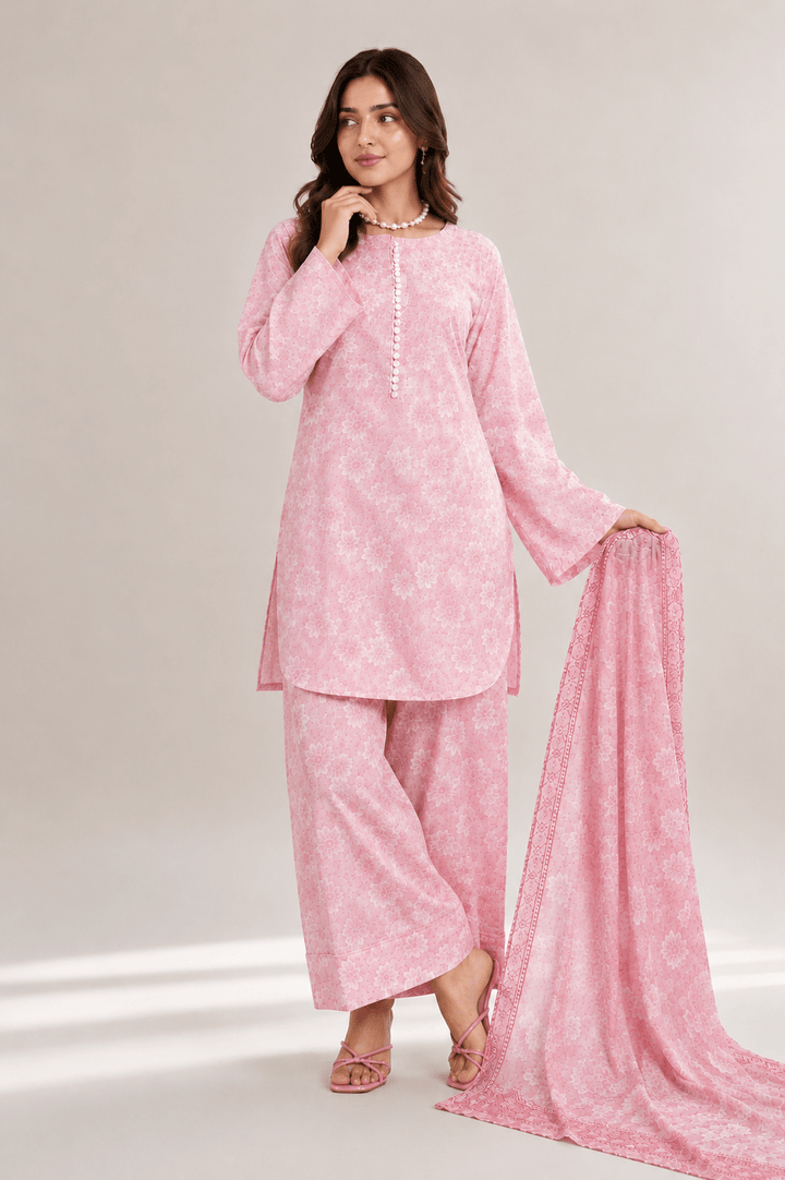 Pink and White Floral Printed 3-Piece Stitched Suit for Women
