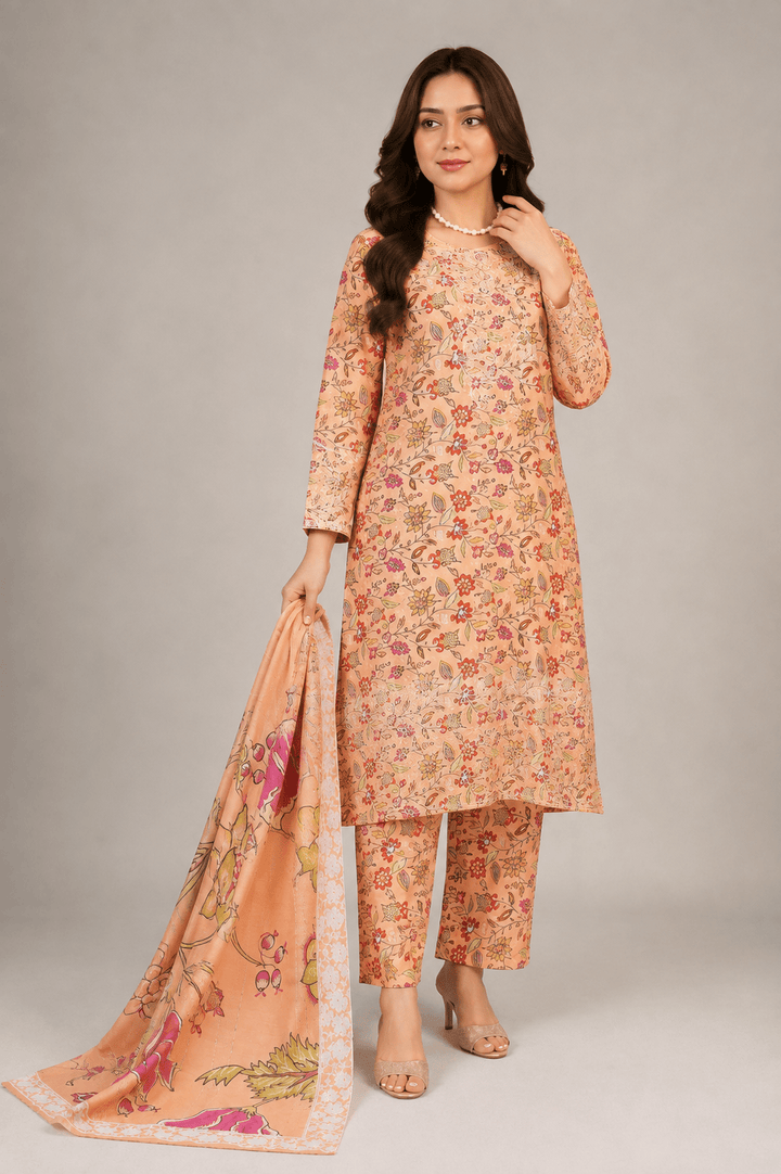 Peach Multicolour Floral Printed 3-Piece Stitched Suit for Women