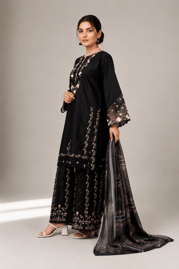 Black Floral Embroidered Stitched Suit with Flared Trousers for Women