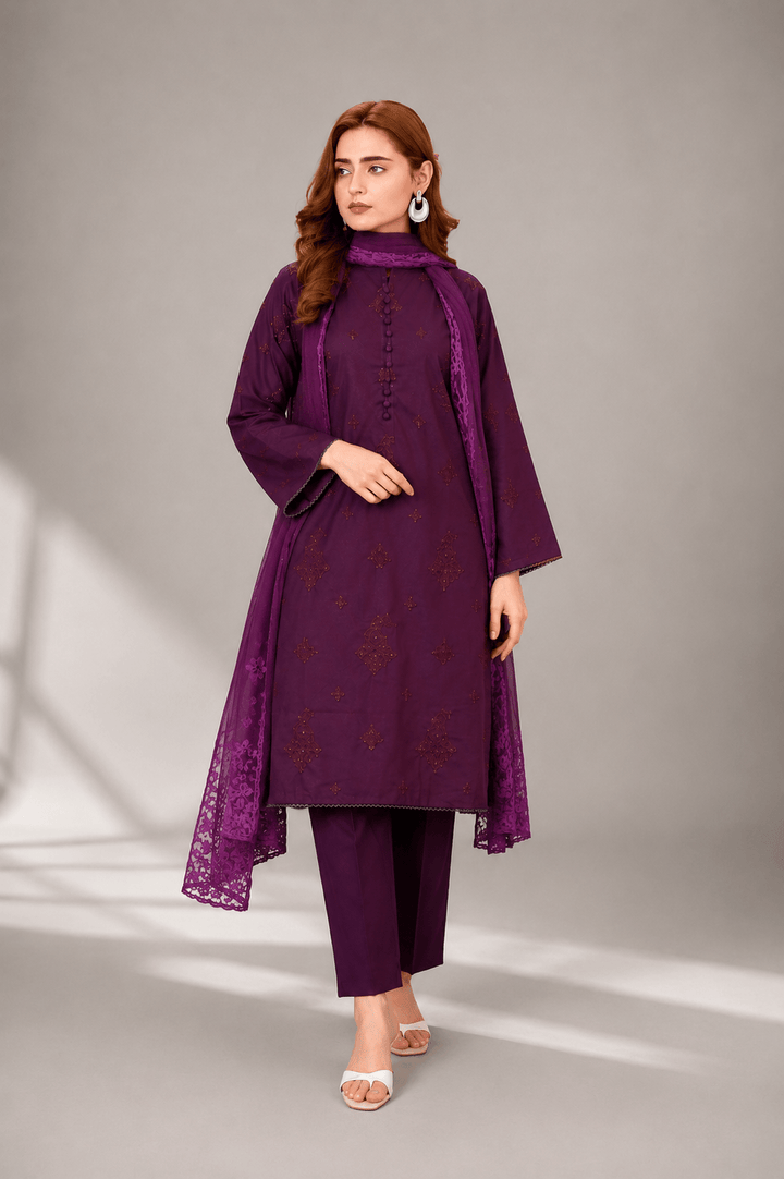 Plum Embroidered 3-Piece Stitched Suit for Women