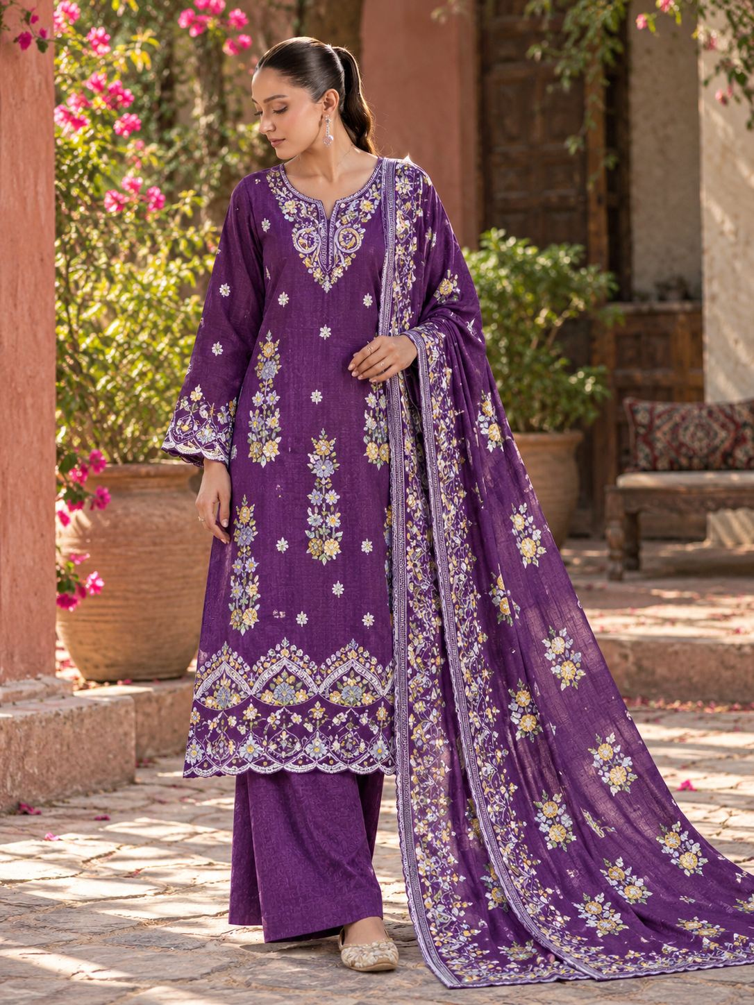 purple embroidered stitched suit
