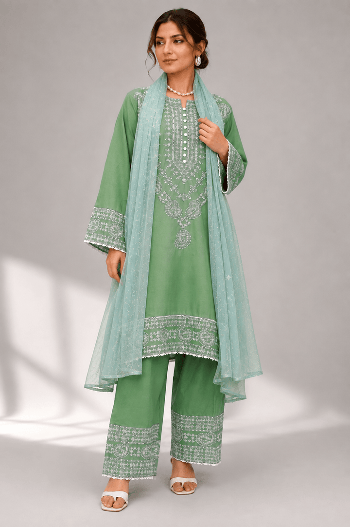 Sage Green and White Embroidered 3-Piece Stitched Suit for Women