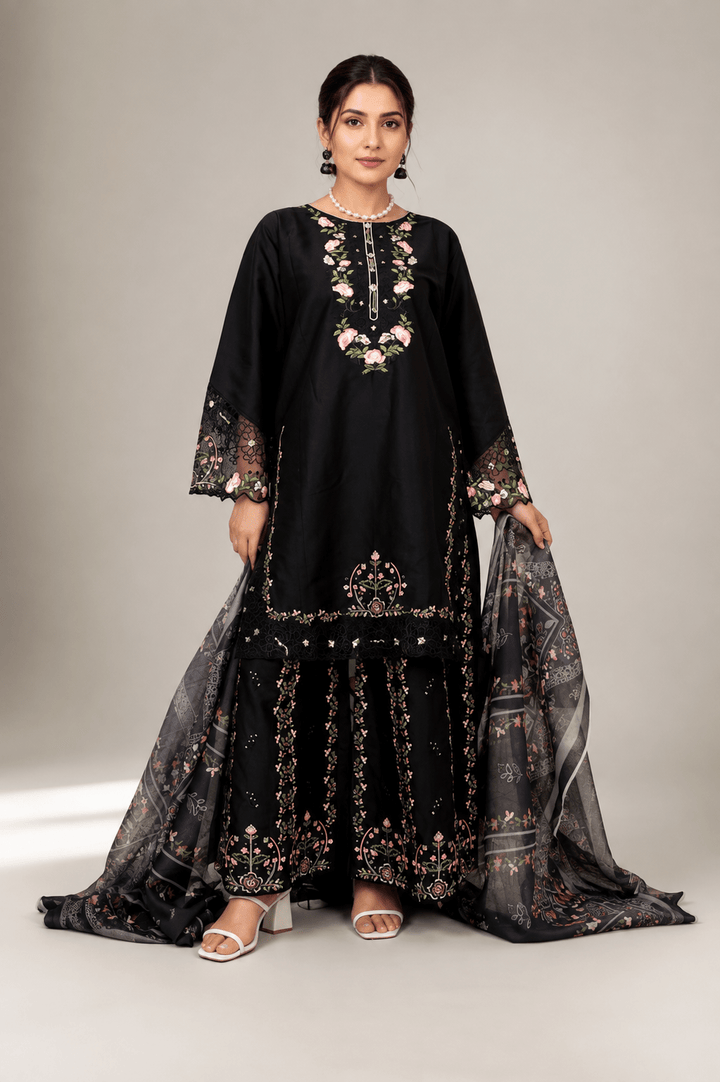 Black Floral Embroidered Stitched Suit with Flared Trousers for Women