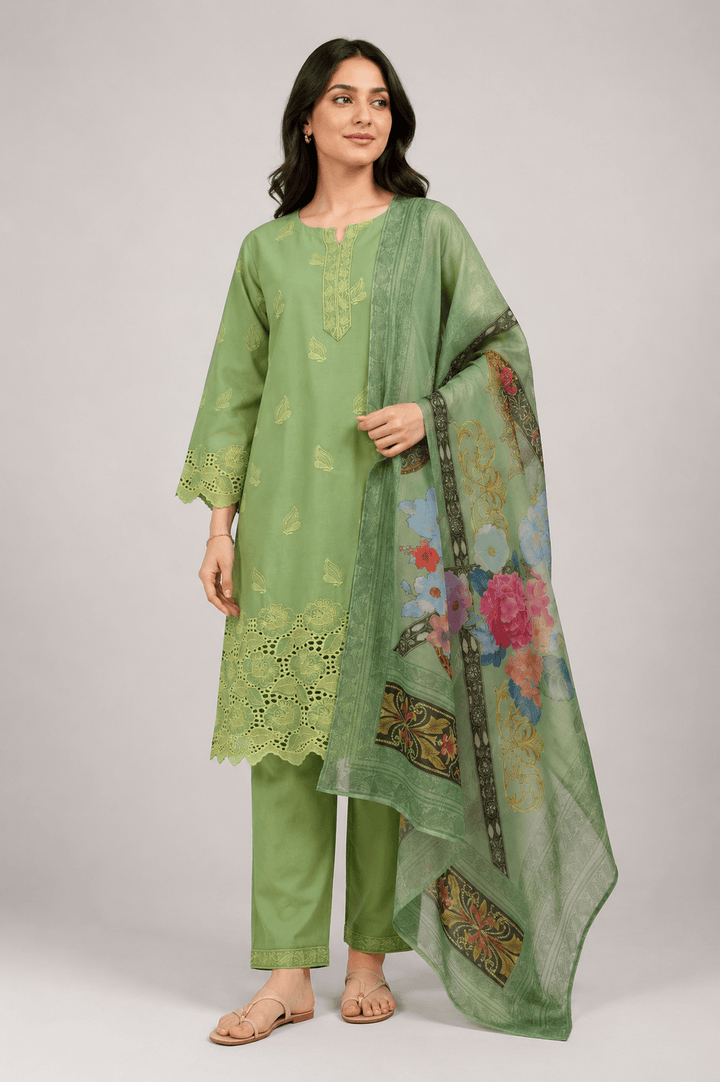 green butterfly embroidered suit