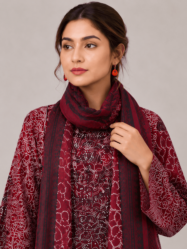 Maroon Printed Embroidered 3-Piece Stitched Suit for Women