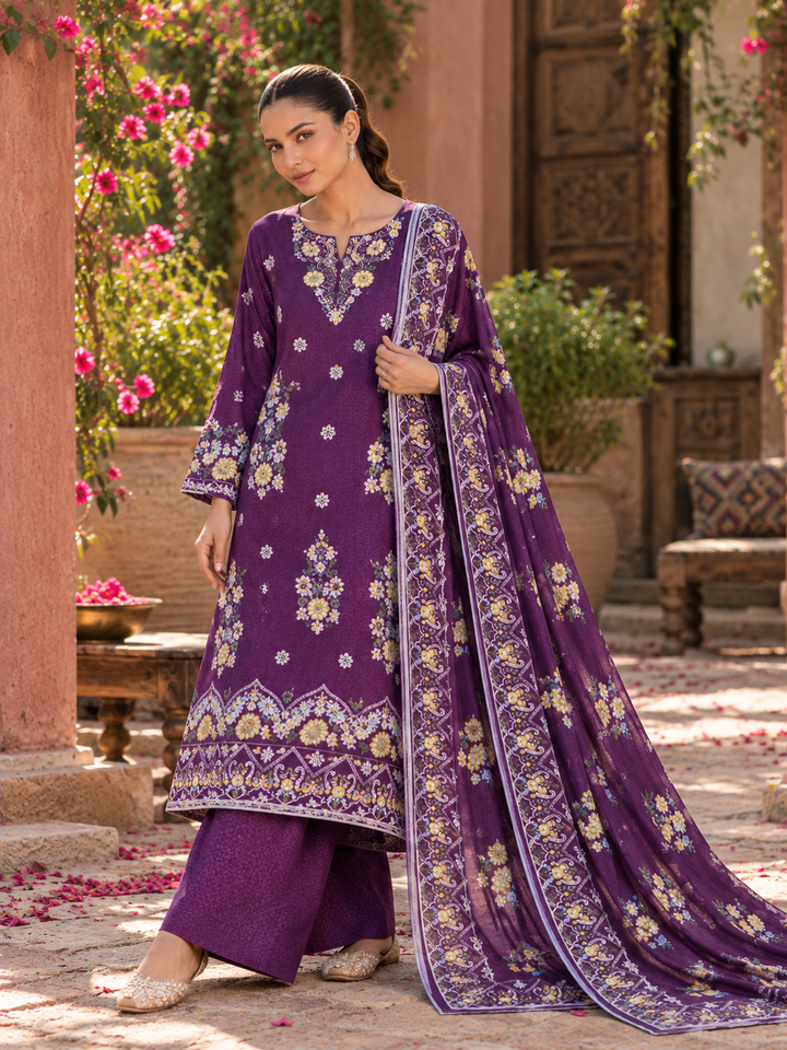 purple embroidered stitched suit