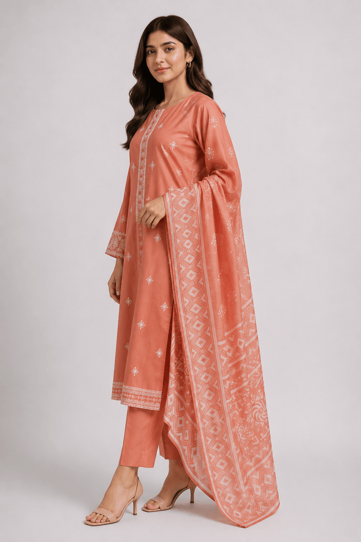 Rust and White Embroidered 3-Piece Stitched Suit for Women