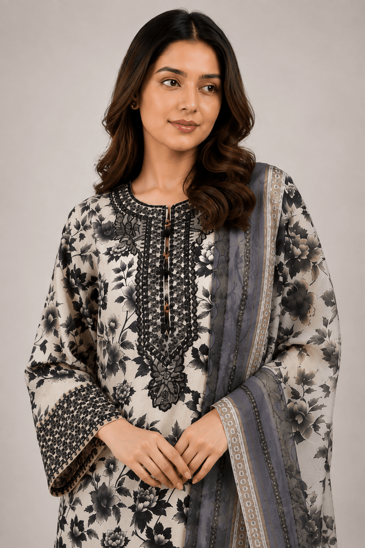 monochrome floral stitched suit