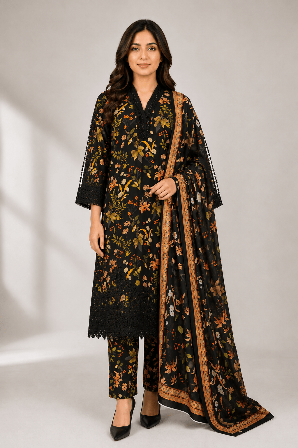 Black Digital Floral Print 3-Piece Stitched Suit for Women