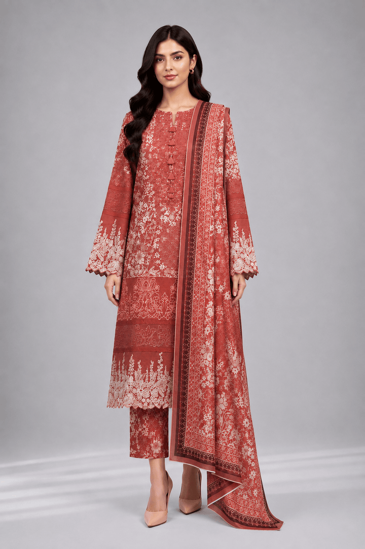 brick red printed stitched suit