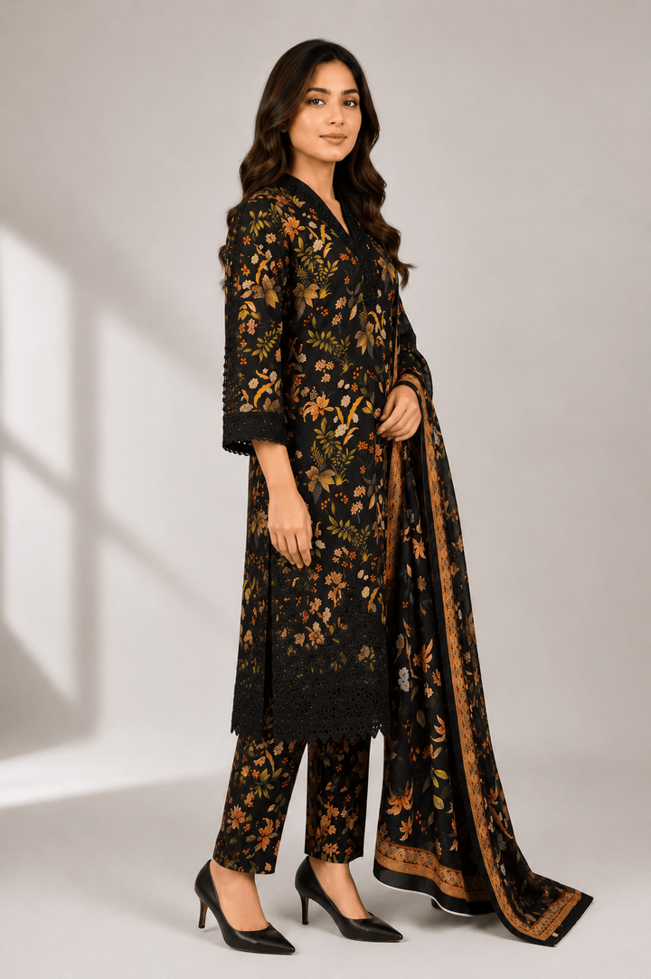 Black Digital Floral Print 3-Piece Stitched Suit for Women