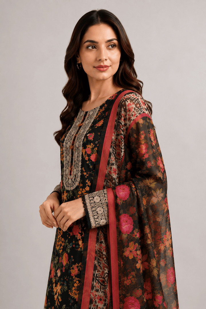 black and orange stitched suit