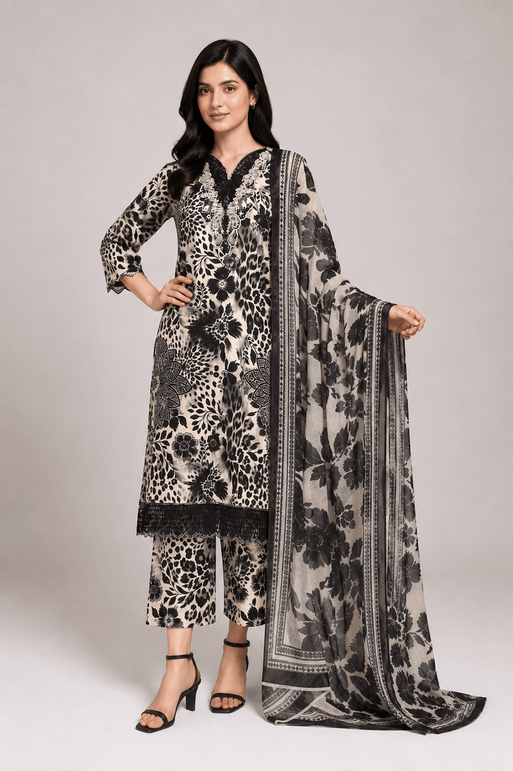 Black and Cream Printed Embroidered 3-Piece Stitched Suit for Women