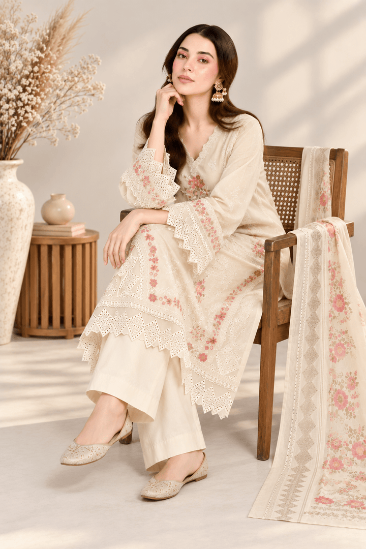 cream embroidered stitched suit