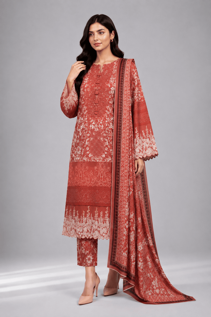 brick red printed stitched suit