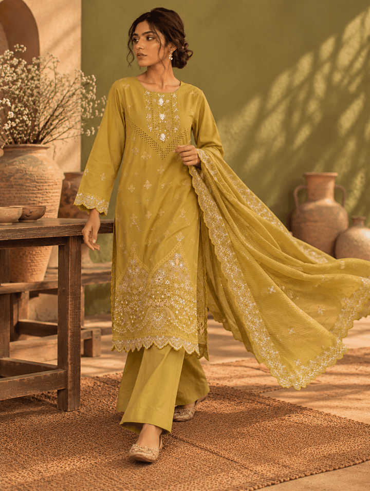 mustard embroidered stitched suit