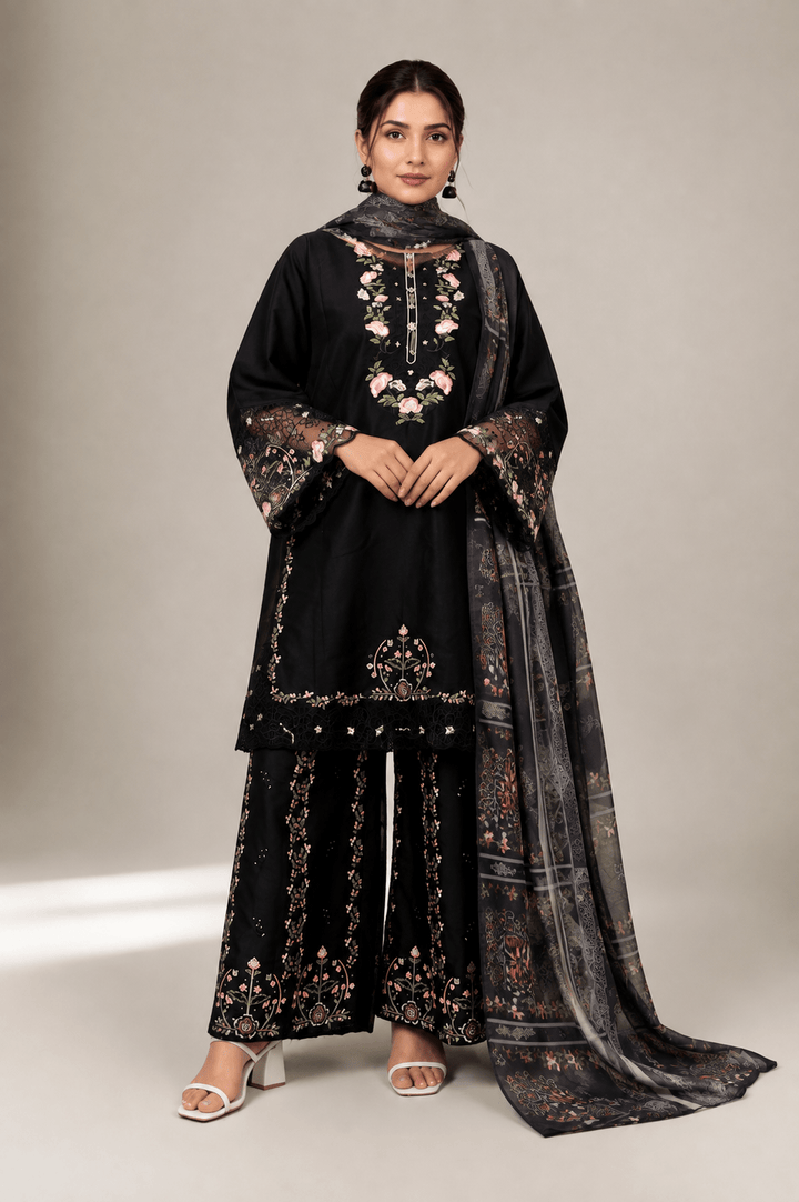 Black Floral Embroidered Stitched Suit with Flared Trousers for Women