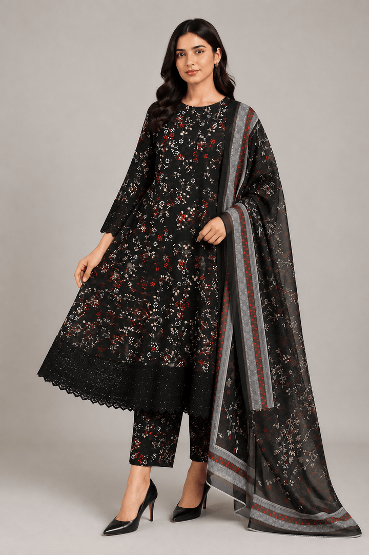 Black and Red Floral Printed 3-Piece Stitched Suit for Women
