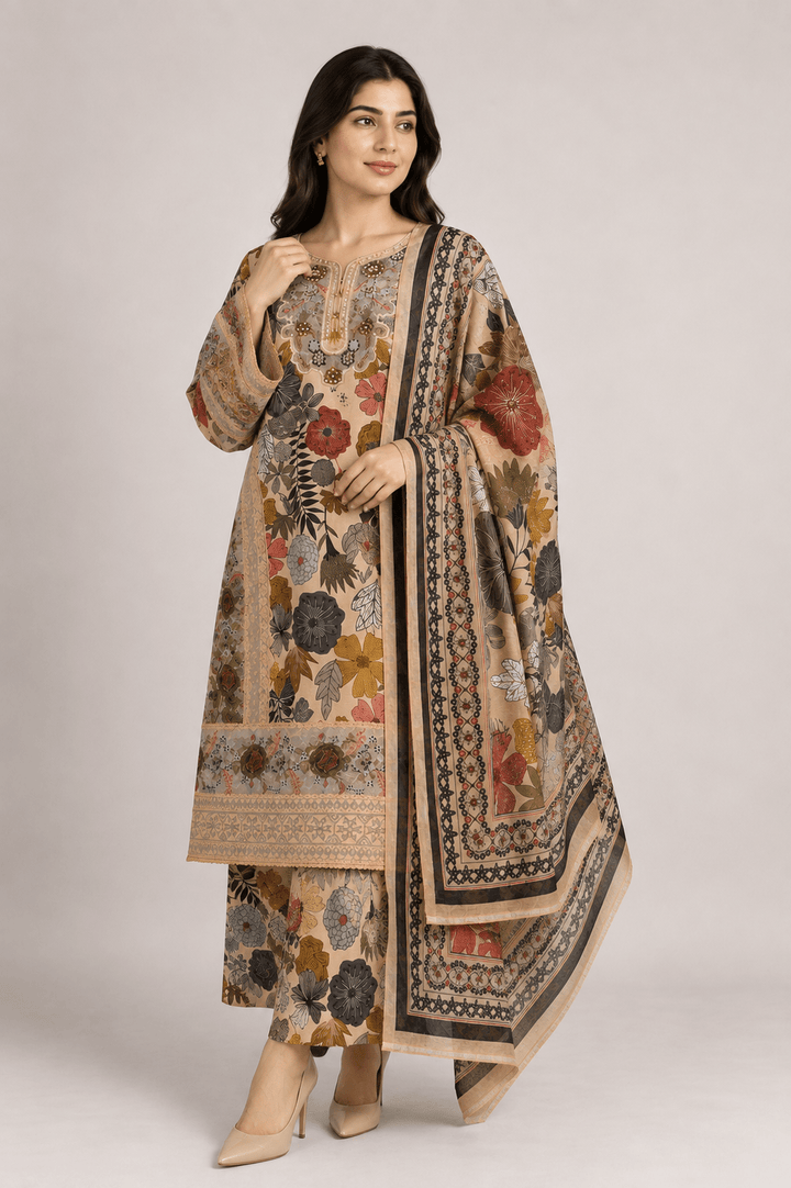 beige floral stitched suit ready to wear