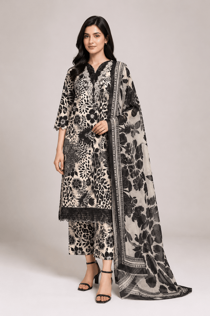 Black and Cream Printed Embroidered 3-Piece Stitched Suit for Women