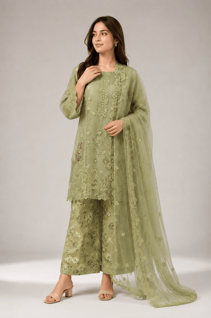 Sage Green Tonal Embroidered Stitched Suit for Women