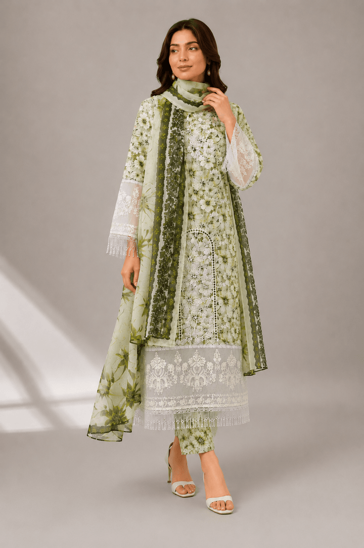 White and Green Floral Embroidered 3-Piece Stitched Suit for Women
