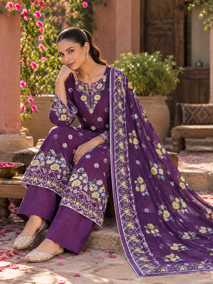 purple embroidered stitched suit