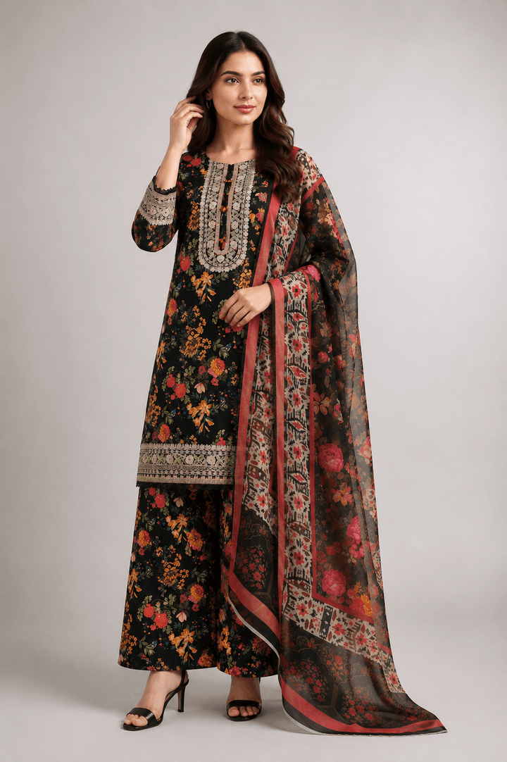 black and orange stitched suit