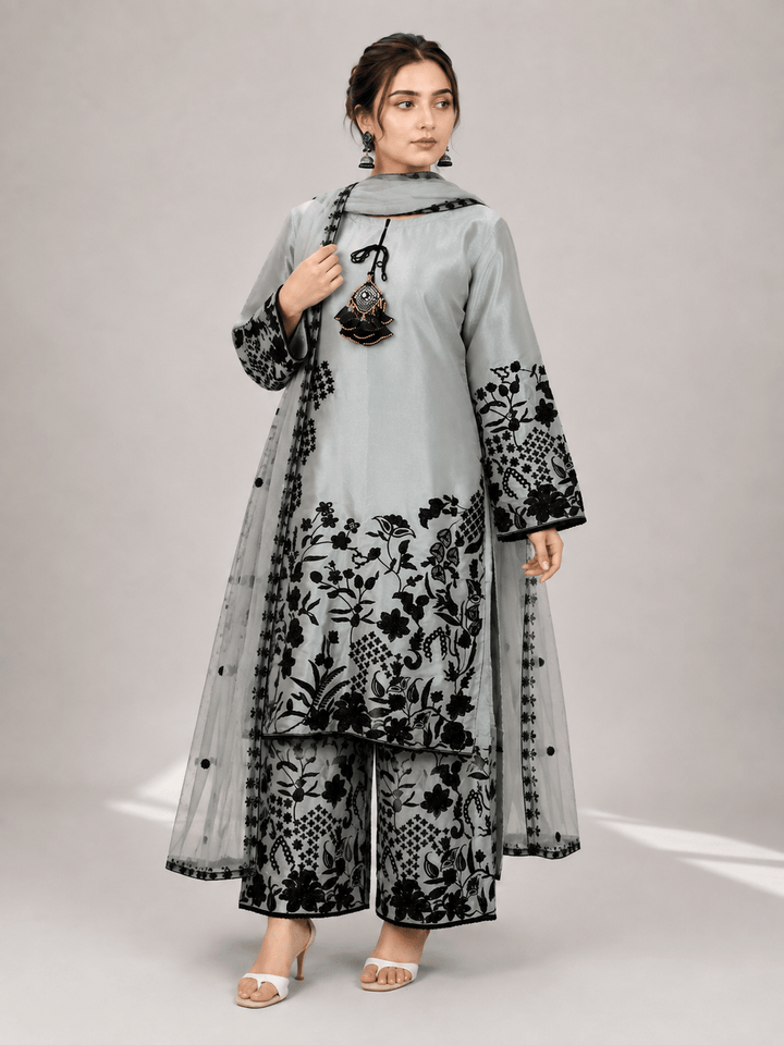 Grey and Black Floral Embroidered 3-Piece Stitched Suit for Women