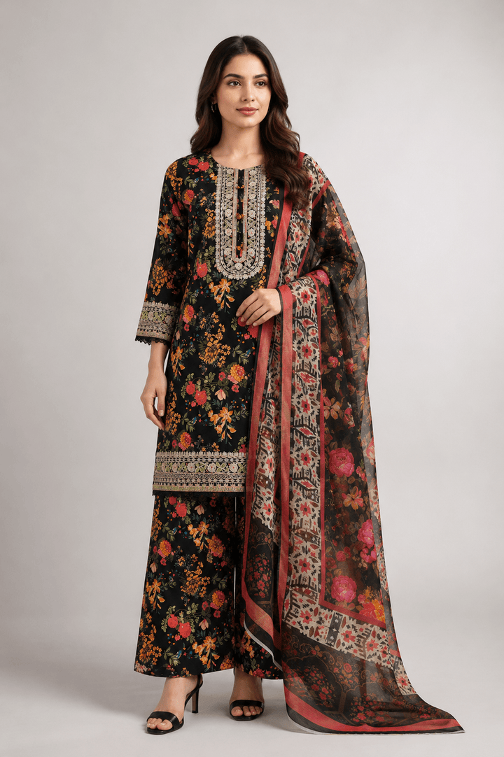 black and orange stitched suit