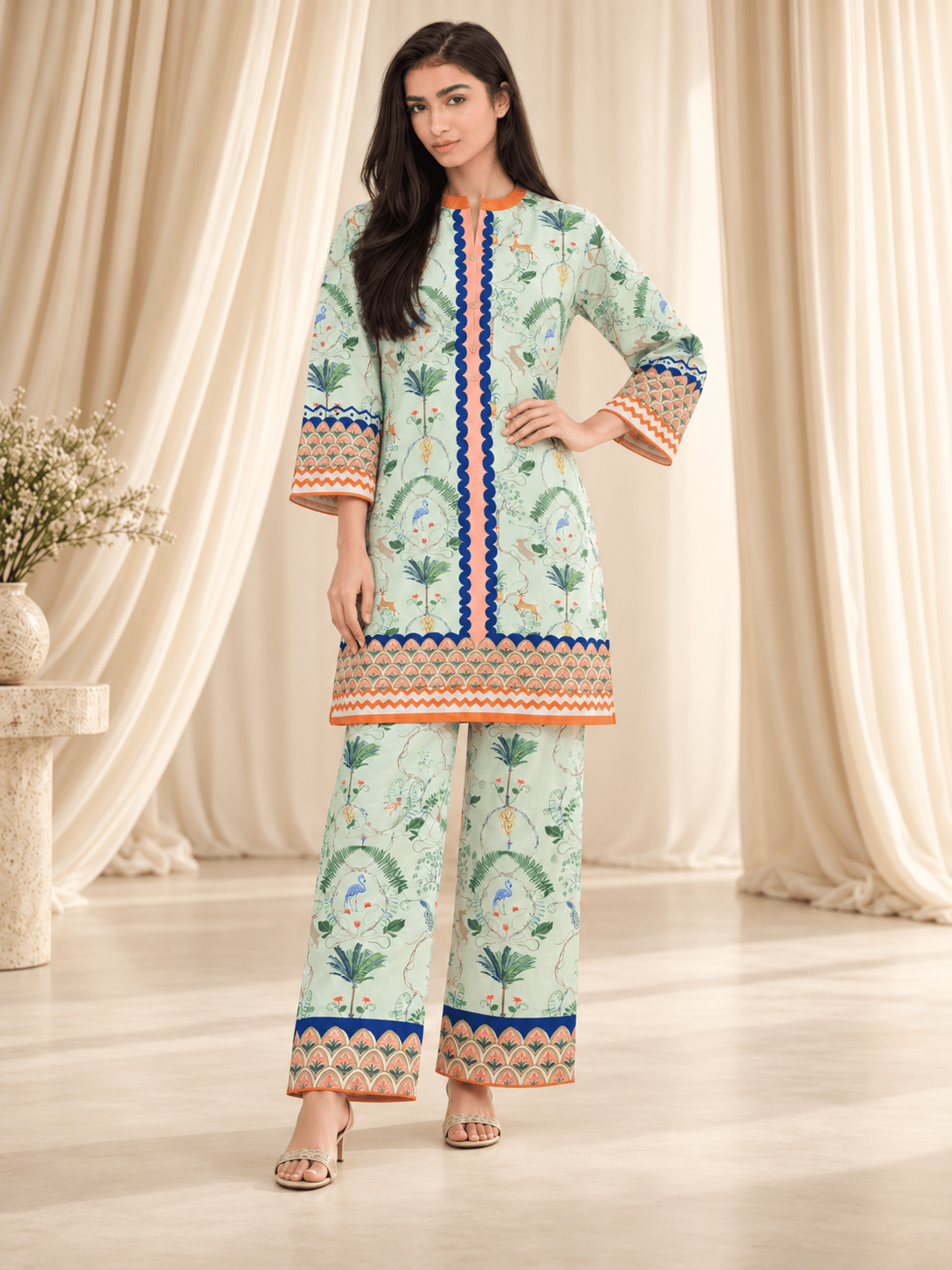mint green printed stitched suit