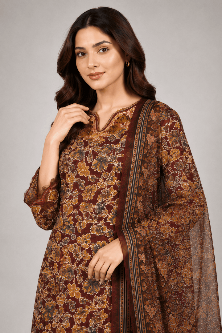 Maroon Floral Printed 3-Piece Stitched Suit for Women