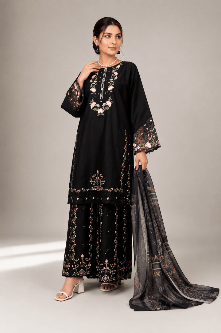 Black Floral Embroidered Stitched Suit with Flared Trousers for Women