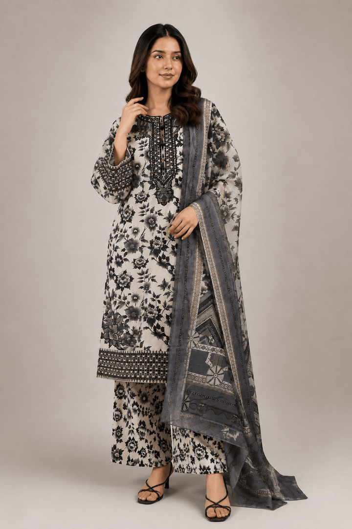 monochrome floral stitched suit