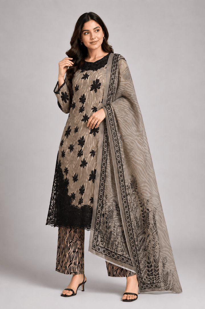 aupe and black stitched suit/ Rovaya