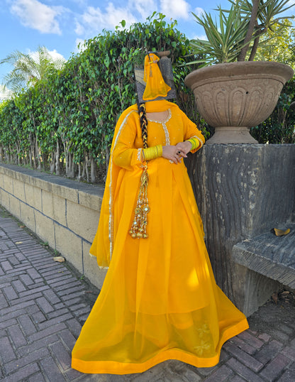 Mustard Elegance – Embroidered 3-Piece Chiffon Pishwas