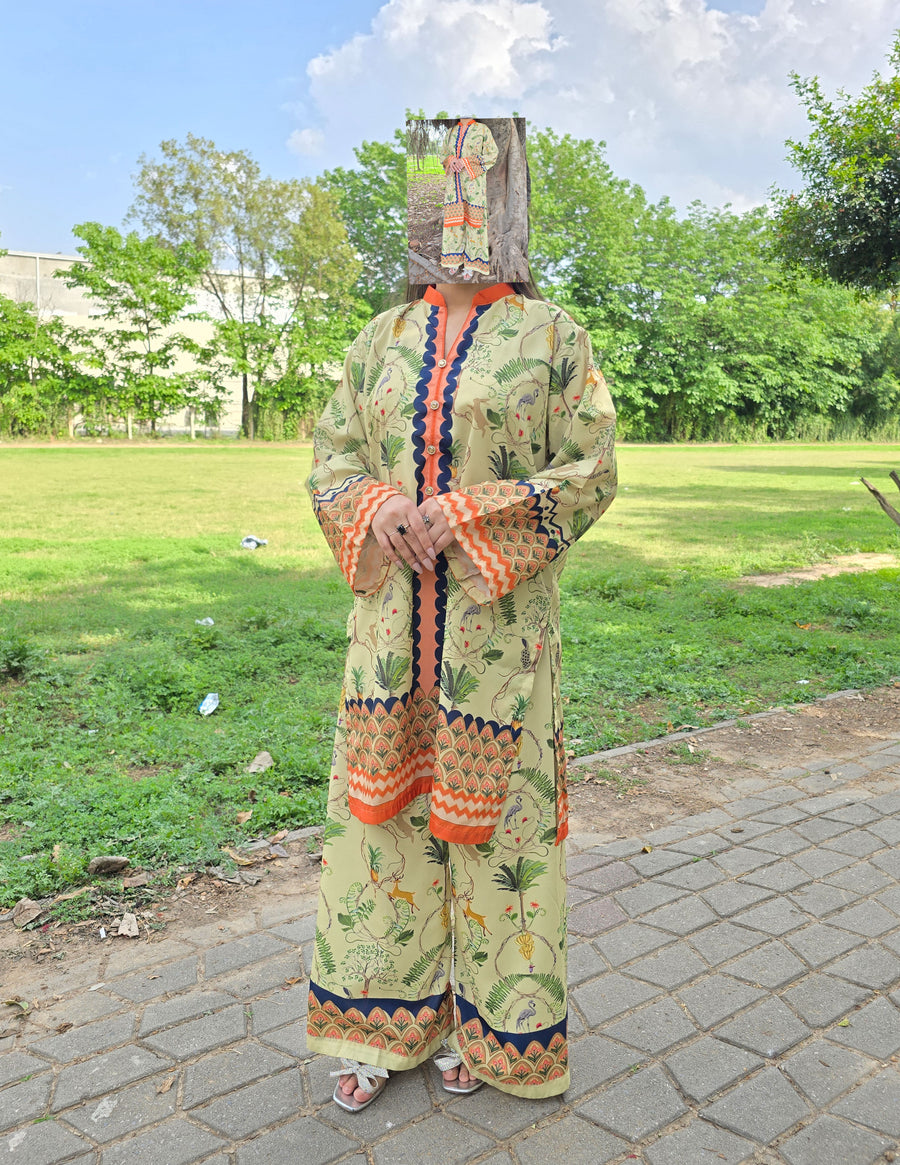 olive palm print stitched suit
