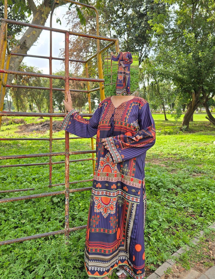 Navy Blue Ethnic Print 2-Piece Stitched Suit for Women