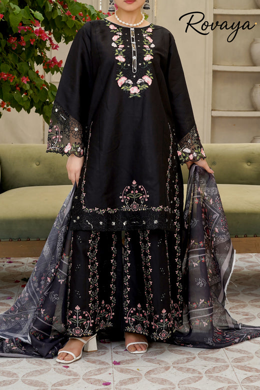 Midnight Ebony – Embroidered Floral Cotton Flapper Suit