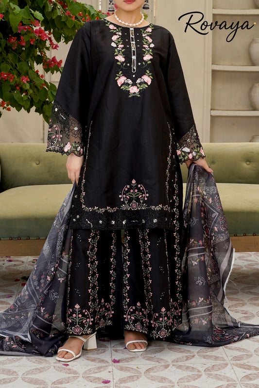 Midnight Ebony – Embroidered Floral Cotton Flapper Suit