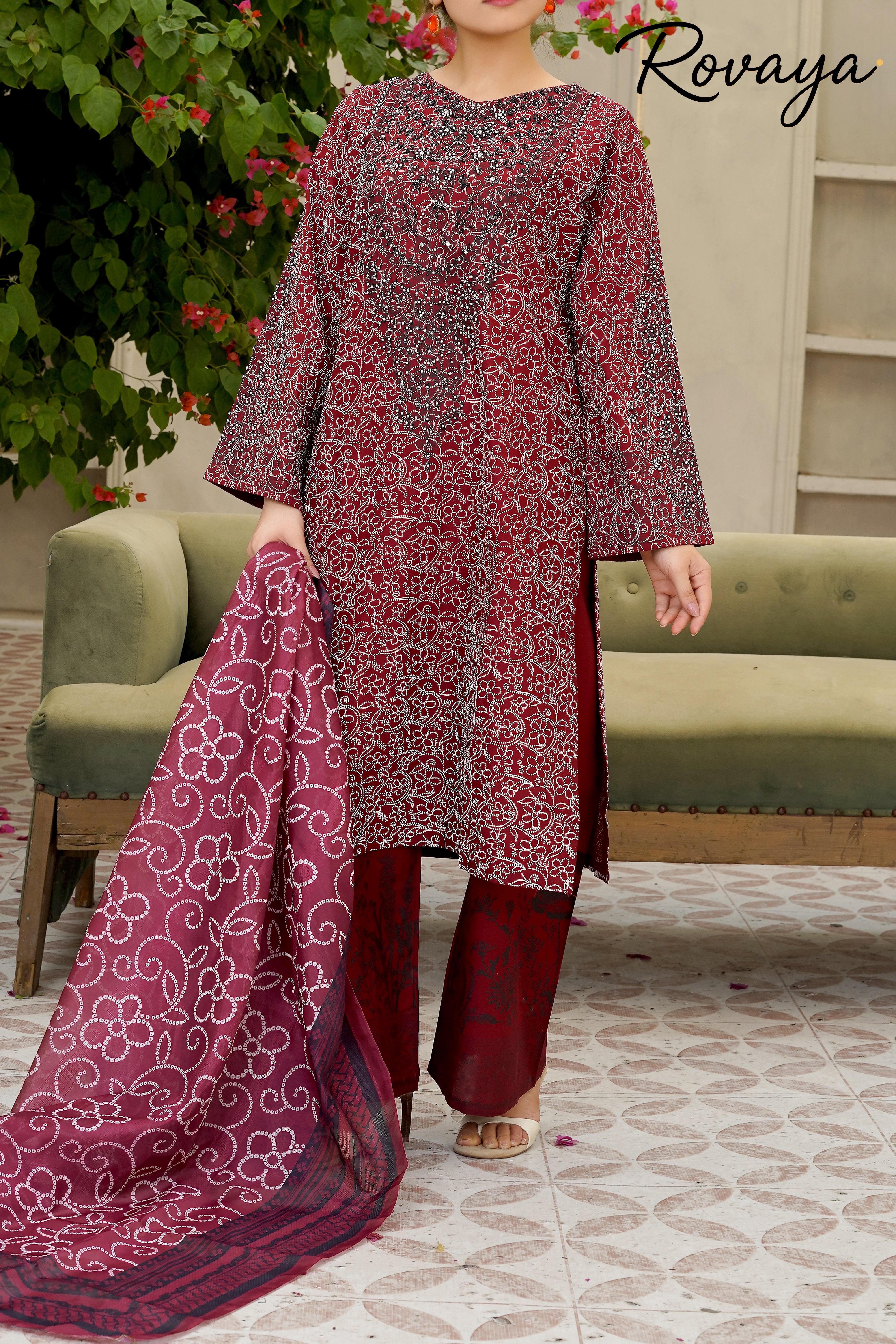 Maroon Printed Embroidered Suit | 3-Piece