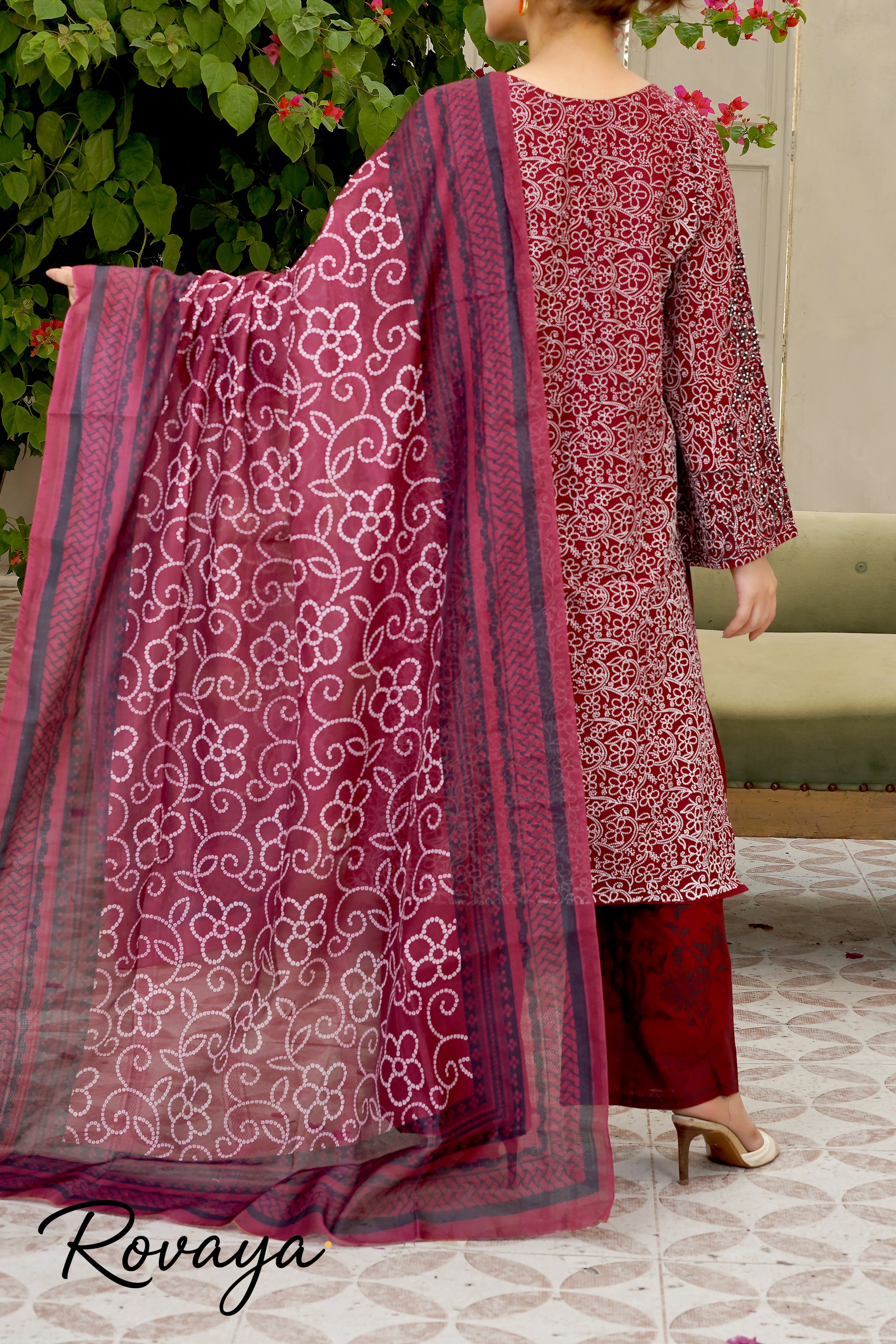 Maroon Printed Embroidered Suit | 3-Piece