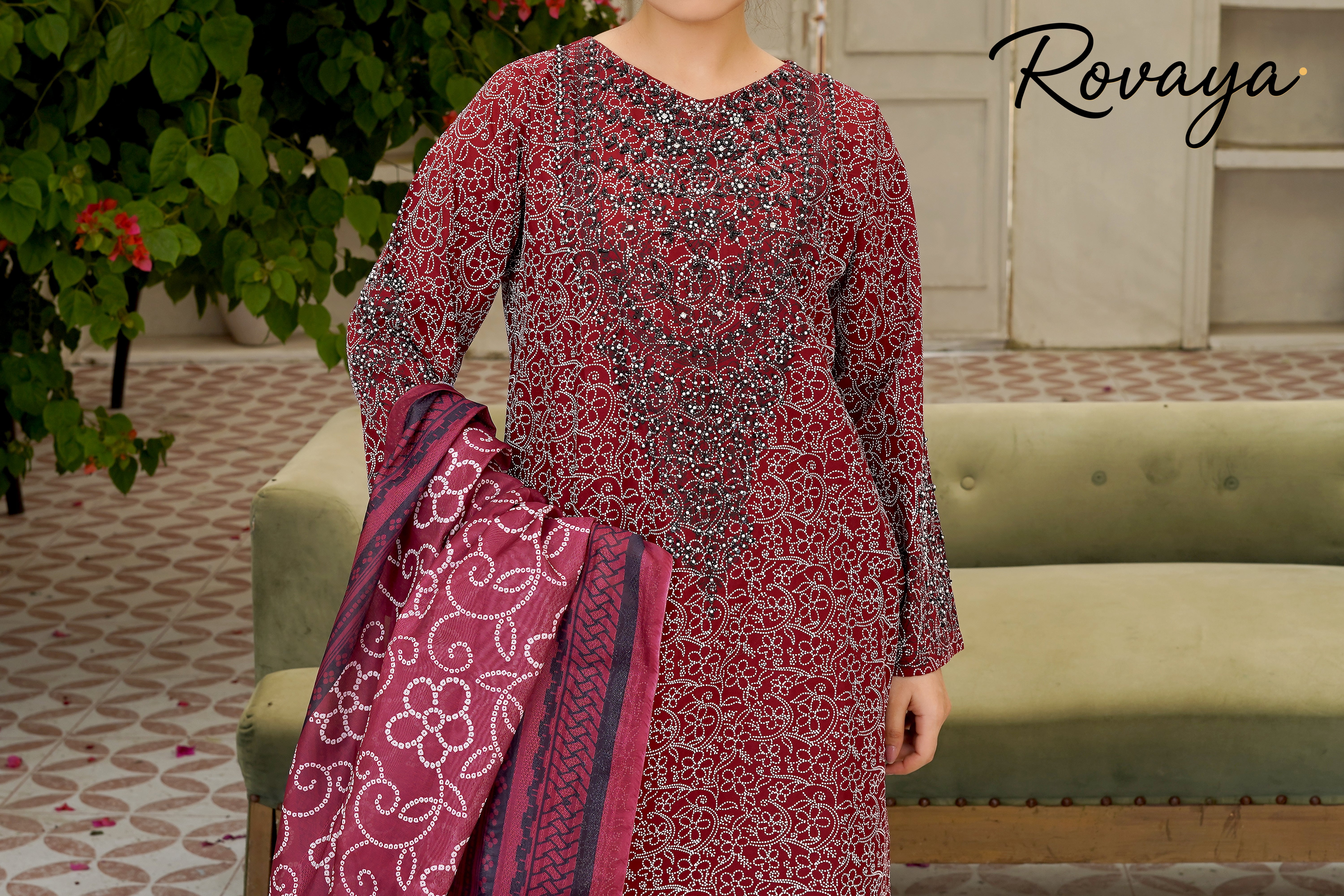 Maroon Printed Embroidered Suit | 3-Piece
