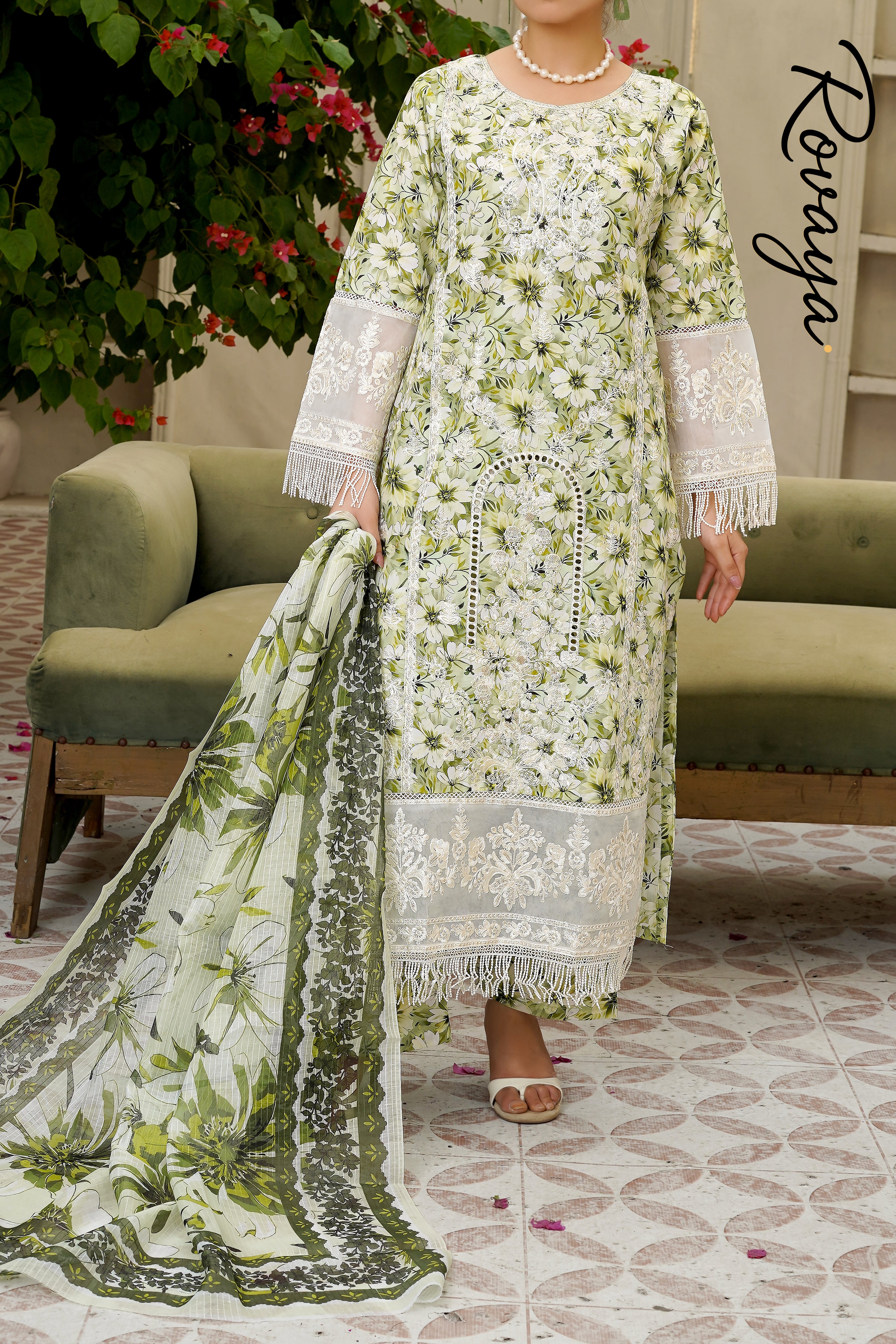 White Embroidered Suit with Green Floral Work | 3-Piece